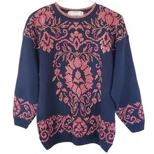 7227 * St Michael Damask Print Sweater Navy Pink Size 16/44 Made in UK 90s